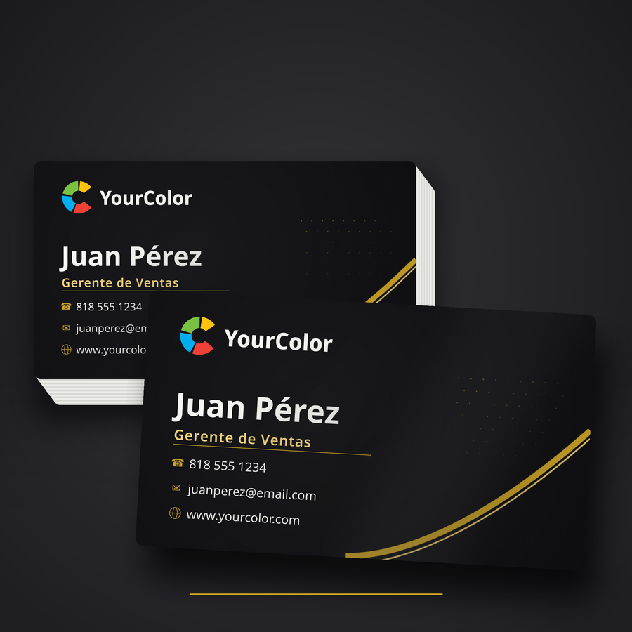 Tarjetas de Presentación Profesionales — presentación: pila de tarjetas y tarjeta de muestra con brillo Spot UV