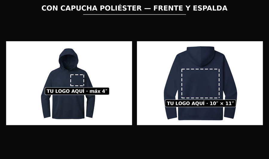 Presentación: frente y espalda con zonas de logo — Capucha Poliéster