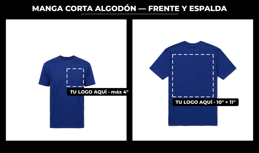 Presentación: frente y espalda con zonas de logo — Manga Corta Algodón
