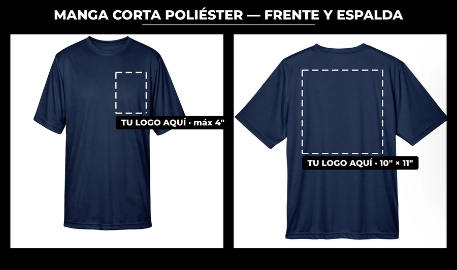 Presentación: frente y espalda con zonas de logo — Manga Corta Poliéster