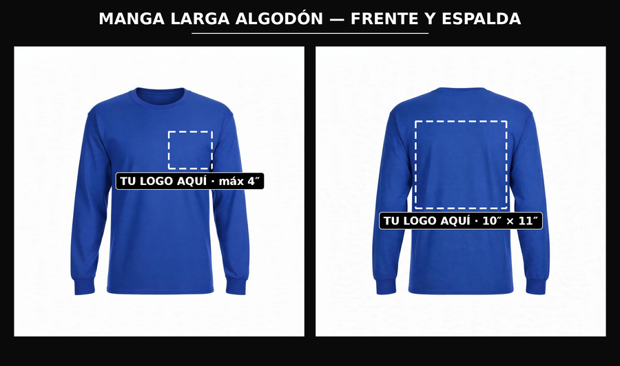 Presentación: frente y espalda con zonas de logo — Manga Larga Algodón