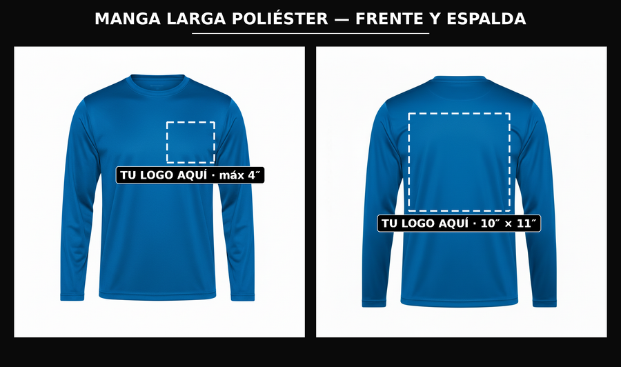 Presentación: frente y espalda con zonas de logo — Manga Larga Poliéster