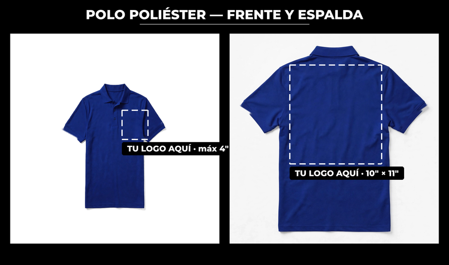 Presentación: frente y espalda con zonas de logo — Polo Poliéster (v21)