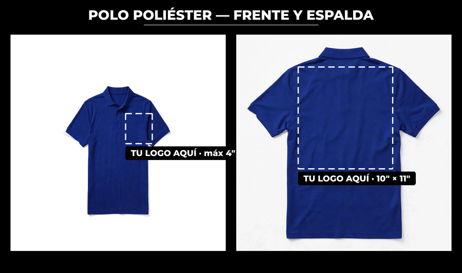 Presentación: frente y espalda con zonas de logo — Polo Poliéster (v22)