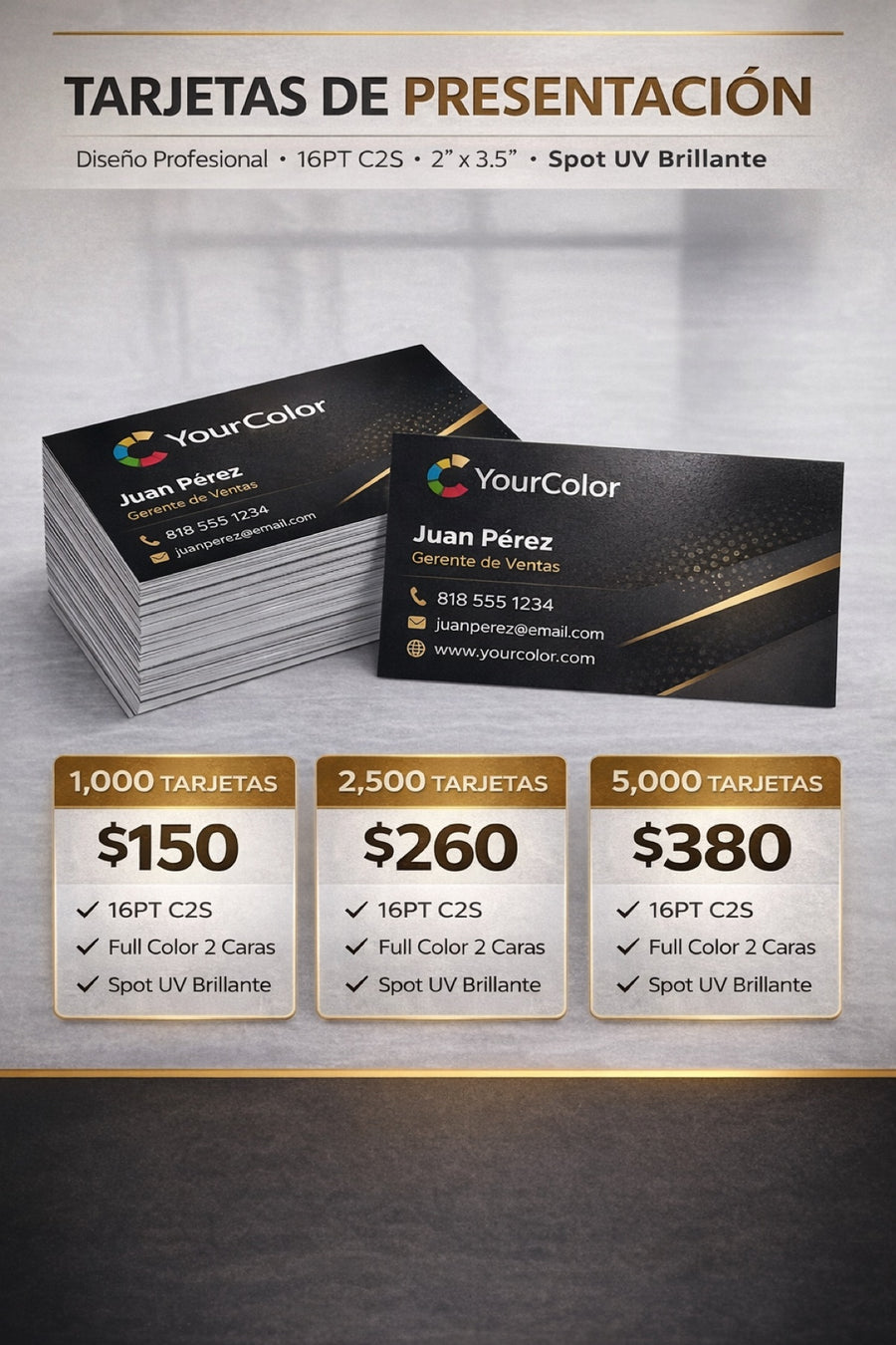 Tarjetas de Presentación Profesionales — paquetes de 1,000 · 2,500 · 5,000 tarjetas, diseño y envío incluidos